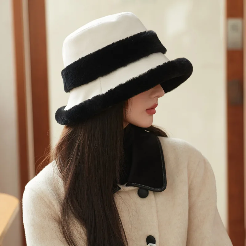 Plush Fisherman Hat Women Winter Polyester Fiberlarge Bucket Cap Fashionable and Versatile Warm Plush Pot Cap Ear Protection Hat Plush Fisherman Hat Women Winter Polyester Fiberlarge Bucket Cap Fashionable and Versatile Warm Plush Pot Cap Ear Protection Hat