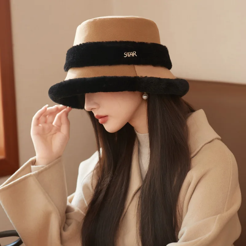 Plush Fisherman Hat Women Winter Polyester Fiberlarge Bucket Cap Fashionable and Versatile Warm Plush Pot Cap Ear Protection Hat Plush Fisherman Hat Women Winter Polyester Fiberlarge Bucket Cap Fashionable and Versatile Warm Plush Pot Cap Ear Protection Hat