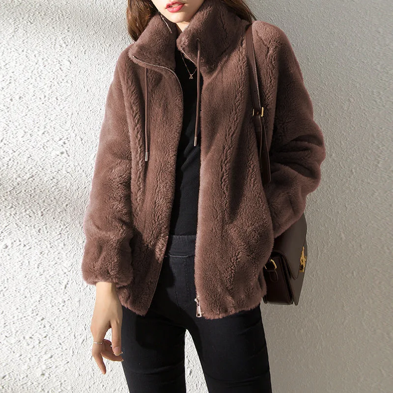 Women Winter Double Coral Fleece Warm Coat Stand Collar Plush Thick Overcoat Female Fashion Casual Long Sleeve Zipper Clothes Warm coral fleece zip jacket women casual