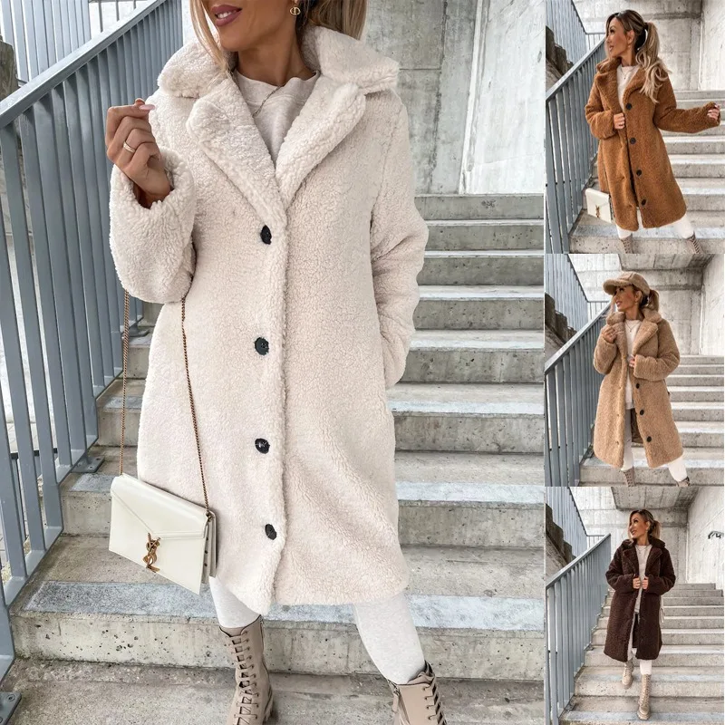 2025 Autumn and Winter New Fashion Women’s Long Coat Plus Size Long-sleeved Collared Fleece Top Women’s Clothing Warm women winter fleece coat button collared style