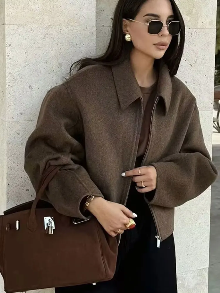 HH Fashion Brown Zipper Woolen Jacket For Women Elegant Lapel Long Sleeve Short Coats Vintage Autumn Lady Street Outerwear HH Fashion Brown Zipper Woolen Jacket For Women Elegant Lapel Long Sleeve Short Coats Vintage Autumn Lady Street Outerwear