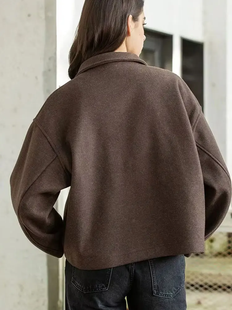 HH Fashion Brown Zipper Woolen Jacket For Women Elegant Lapel Long Sleeve Short Coats Vintage Autumn Lady Street Outerwear HH Fashion Brown Zipper Woolen Jacket For Women Elegant Lapel Long Sleeve Short Coats Vintage Autumn Lady Street Outerwear
