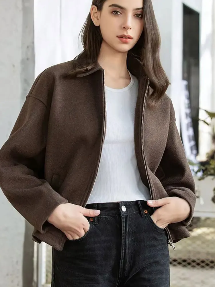 HH Fashion Brown Zipper Woolen Jacket For Women Elegant Lapel Long Sleeve Short Coats Vintage Autumn Lady Street Outerwear HH Fashion Brown Zipper Woolen Jacket For Women Elegant Lapel Long Sleeve Short Coats Vintage Autumn Lady Street Outerwear