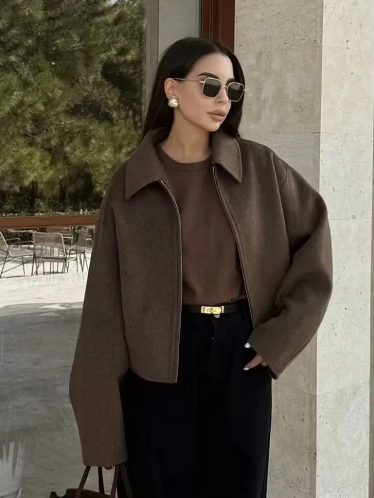 HH Fashion Brown Zipper Woolen Jacket For Women Elegant Lapel Long Sleeve Short Coats Vintage Autumn Lady Street Outerwear Elegant women winter woolen jacket lapel office style