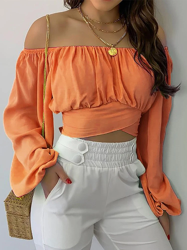 Women Sexy Off Shoulder Blouse Chic and Elegant Printing Lantern Long Sleeve Lace Up Bow Cropped Tops Casual Slim Shirts 2024 Women Sexy Off Shoulder Blouse Chic and Elegant Printing Lantern Long Sleeve Lace Up Bow Cropped Tops Casual Slim Shirts 2024