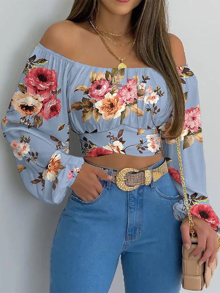 Women Sexy Off Shoulder Blouse Chic and Elegant Printing Lantern Long Sleeve Lace Up Bow Cropped Tops Casual Slim Shirts 2024 Women Sexy Off Shoulder Blouse Chic and Elegant Printing Lantern Long Sleeve Lace Up Bow Cropped Tops Casual Slim Shirts 2024