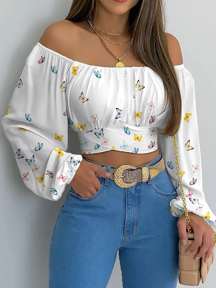Women Sexy Off Shoulder Blouse Chic and Elegant Printing Lantern Long Sleeve Lace Up Bow Cropped Tops Casual Slim Shirts 2024 Women Sexy Off Shoulder Blouse Chic and Elegant Printing Lantern Long Sleeve Lace Up Bow Cropped Tops Casual Slim Shirts 2024