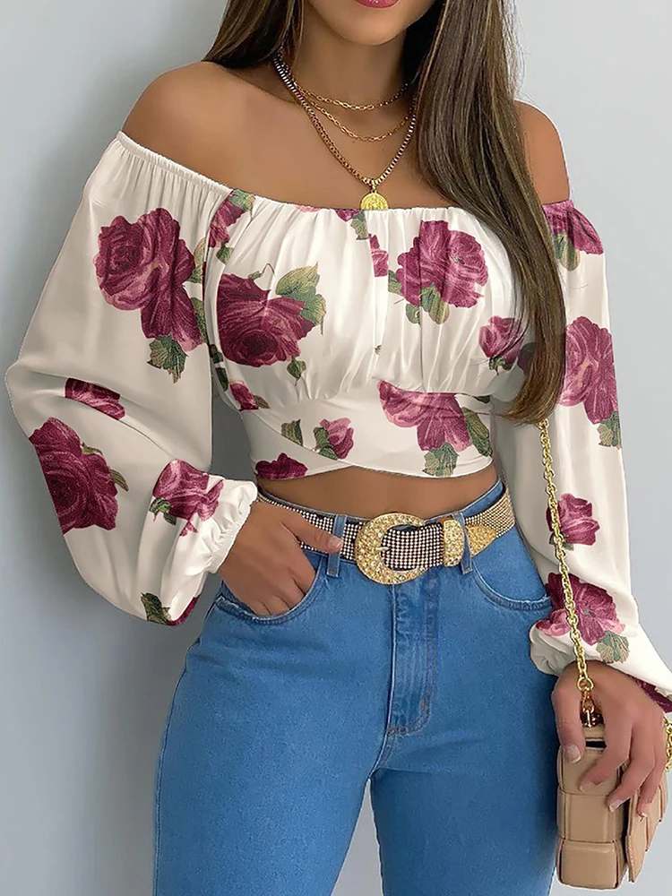 Women Sexy Off Shoulder Blouse Chic and Elegant Printing Lantern Long Sleeve Lace Up Bow Cropped Tops Casual Slim Shirts 2024 Women Sexy Off Shoulder Blouse Chic and Elegant Printing Lantern Long Sleeve Lace Up Bow Cropped Tops Casual Slim Shirts 2024