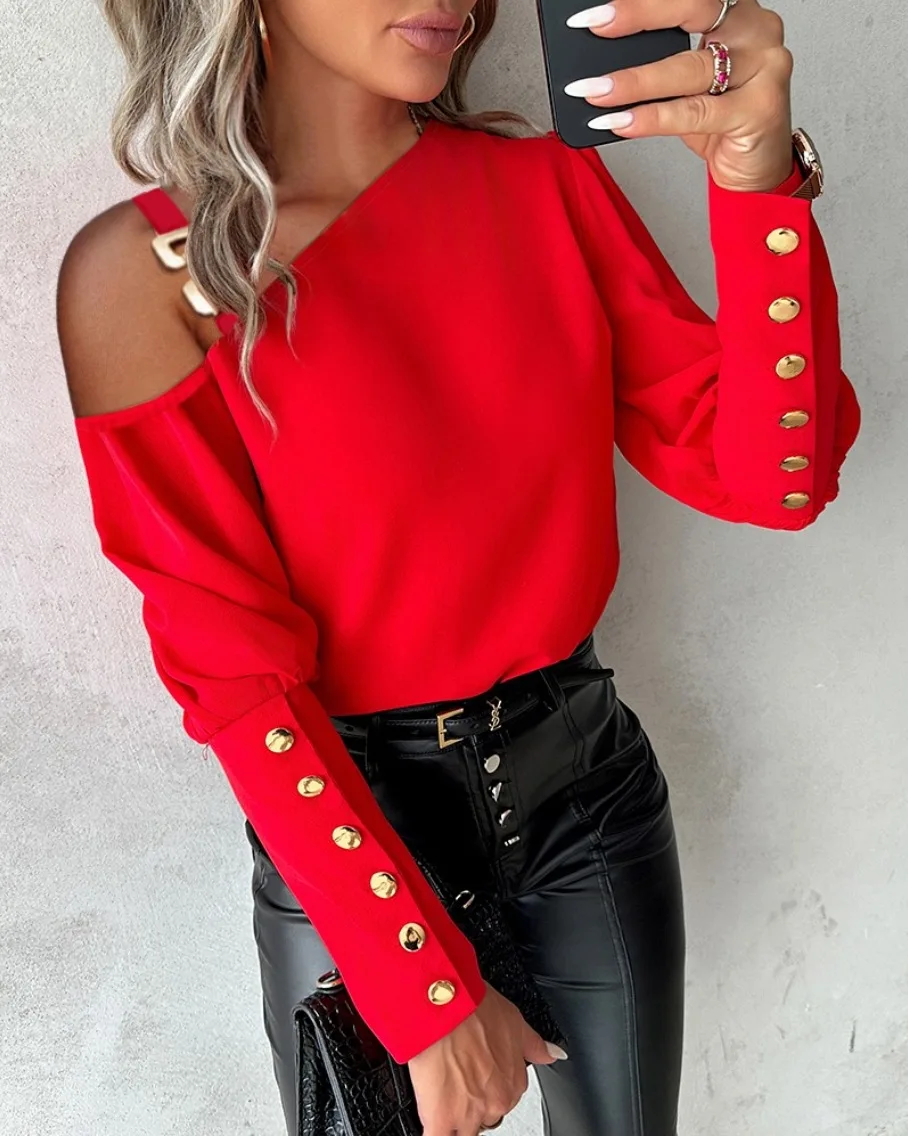 Fashion Lantern Sleeve Button Splicing Shirt Women Elegant Office Commuter O Neck Blouse Female Autumn Spring Daily Casual Tops Elegant women lantern sleeve blouse O-neck casual wear
