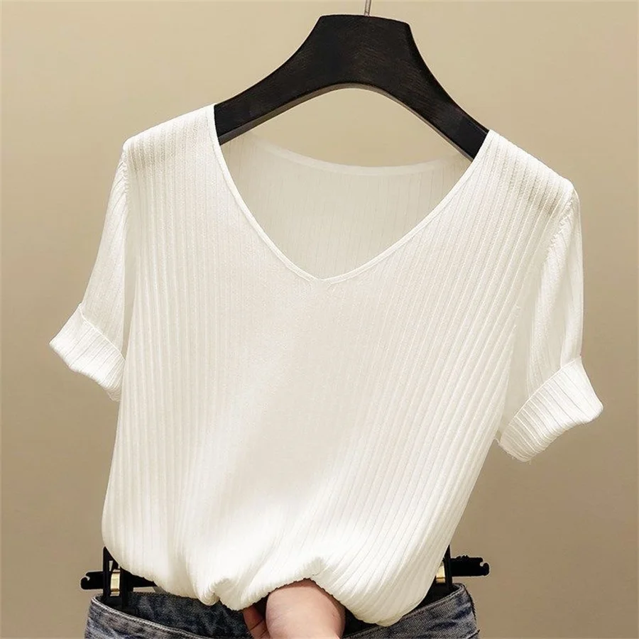 Blouse Women Blusas Mujer De Moda Verano Short Sleeve Blouse V-Neck Knitted Blouse Shirt Tops Women Blusas DF4907 Summer women knitted blouse V-neck regular fit