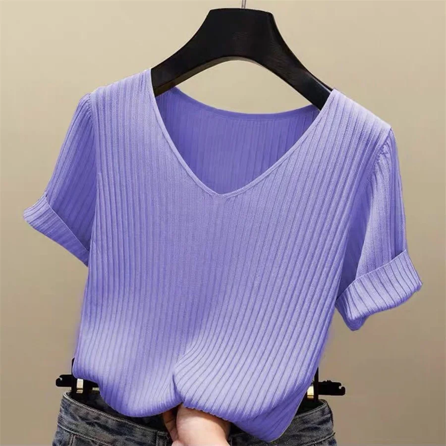 Blouse Women Blusas Mujer De Moda Verano Short Sleeve Blouse V-Neck Knitted Blouse Shirt Tops Women Blusas DF4907 Blouse Women Blusas Mujer De Moda Verano Short Sleeve Blouse V-Neck Knitted Blouse Shirt Tops Women Blusas DF4907