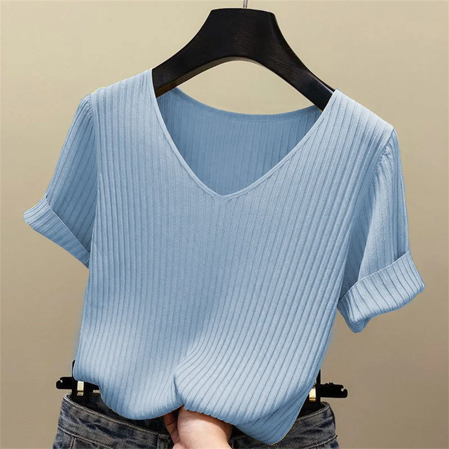 Blouse Women Blusas Mujer De Moda Verano Short Sleeve Blouse V-Neck Knitted Blouse Shirt Tops Women Blusas DF4907 Blouse Women Blusas Mujer De Moda Verano Short Sleeve Blouse V-Neck Knitted Blouse Shirt Tops Women Blusas DF4907