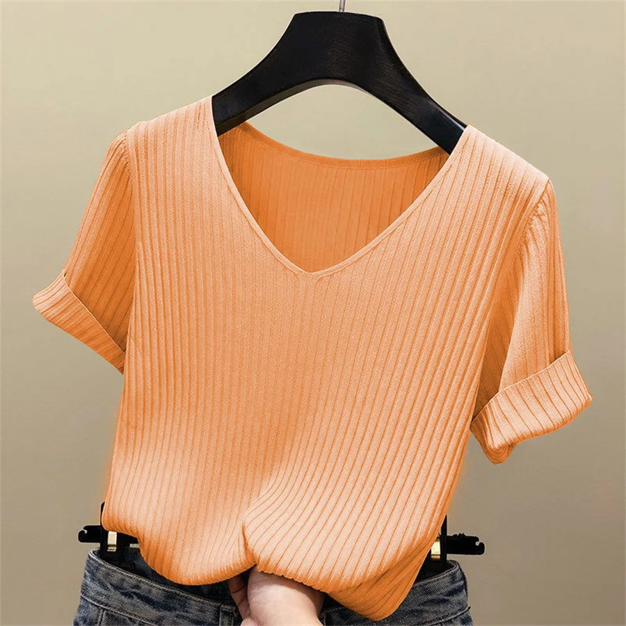 Blouse Women Blusas Mujer De Moda Verano Short Sleeve Blouse V-Neck Knitted Blouse Shirt Tops Women Blusas DF4907 Blouse Women Blusas Mujer De Moda Verano Short Sleeve Blouse V-Neck Knitted Blouse Shirt Tops Women Blusas DF4907