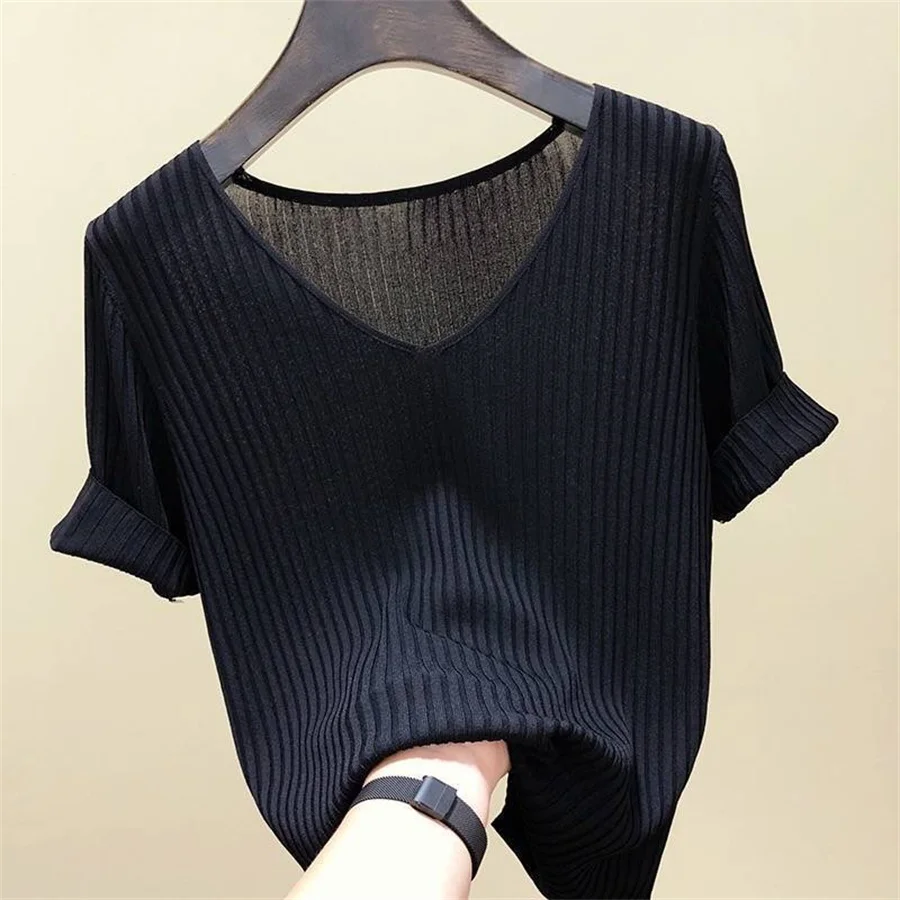 Blouse Women Blusas Mujer De Moda Verano Short Sleeve Blouse V-Neck Knitted Blouse Shirt Tops Women Blusas DF4907 Blouse Women Blusas Mujer De Moda Verano Short Sleeve Blouse V-Neck Knitted Blouse Shirt Tops Women Blusas DF4907