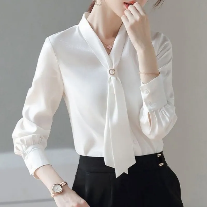 Women Spring Autumn Style Blouses Shirts Lady Casual Long Sleeve Bow Tie Collar Blusas Tops DF4958 Casual women blouse with bow tie collar regular fit
