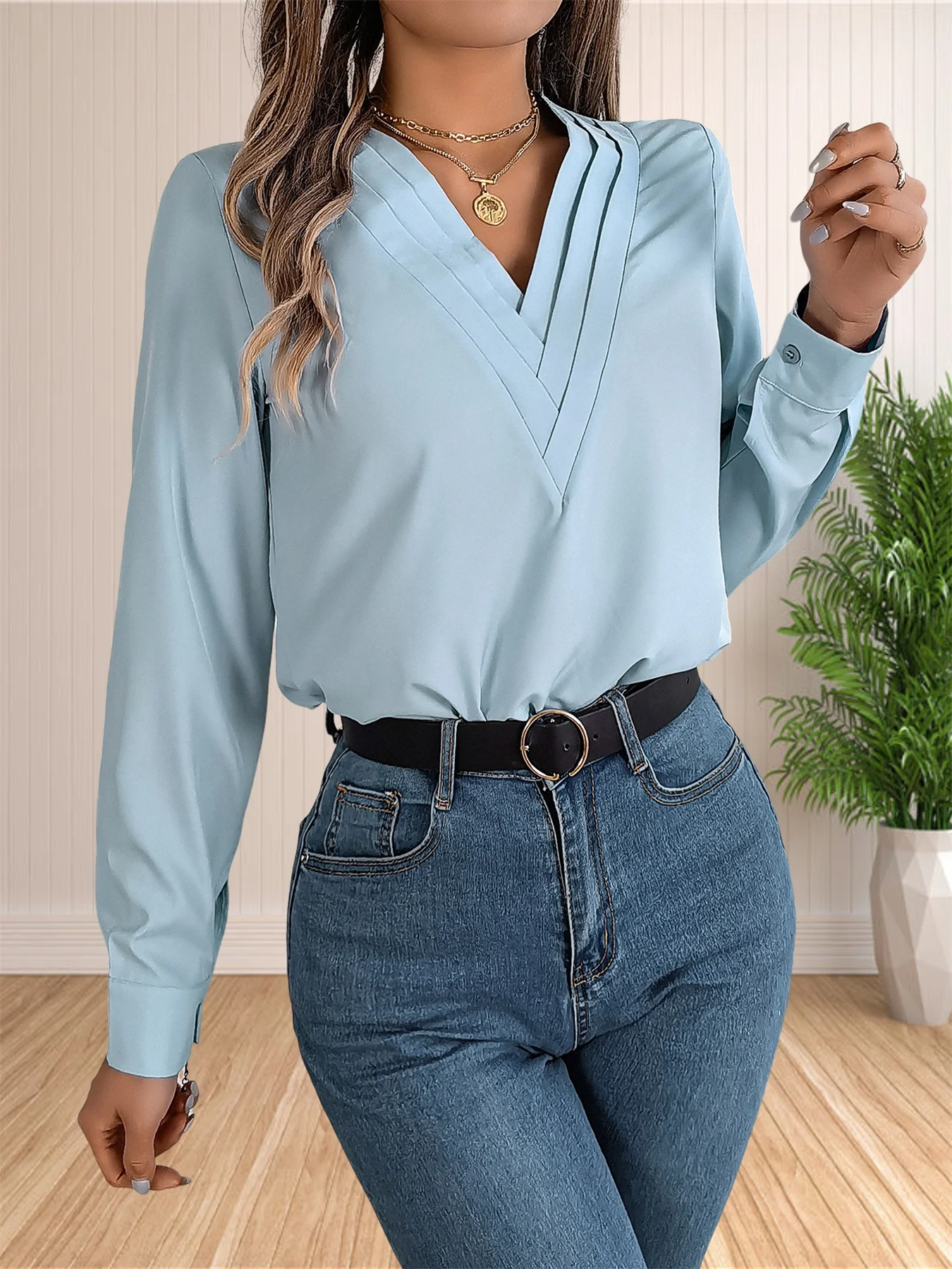Women’s Elegant Business Office Blouse Layered V Neck Long Sleeve 2024 Dressy Shirts Work Tops Women's Elegant Business Office Blouse Layered V Neck Long Sleeve 2024 Dressy Shirts Work Tops