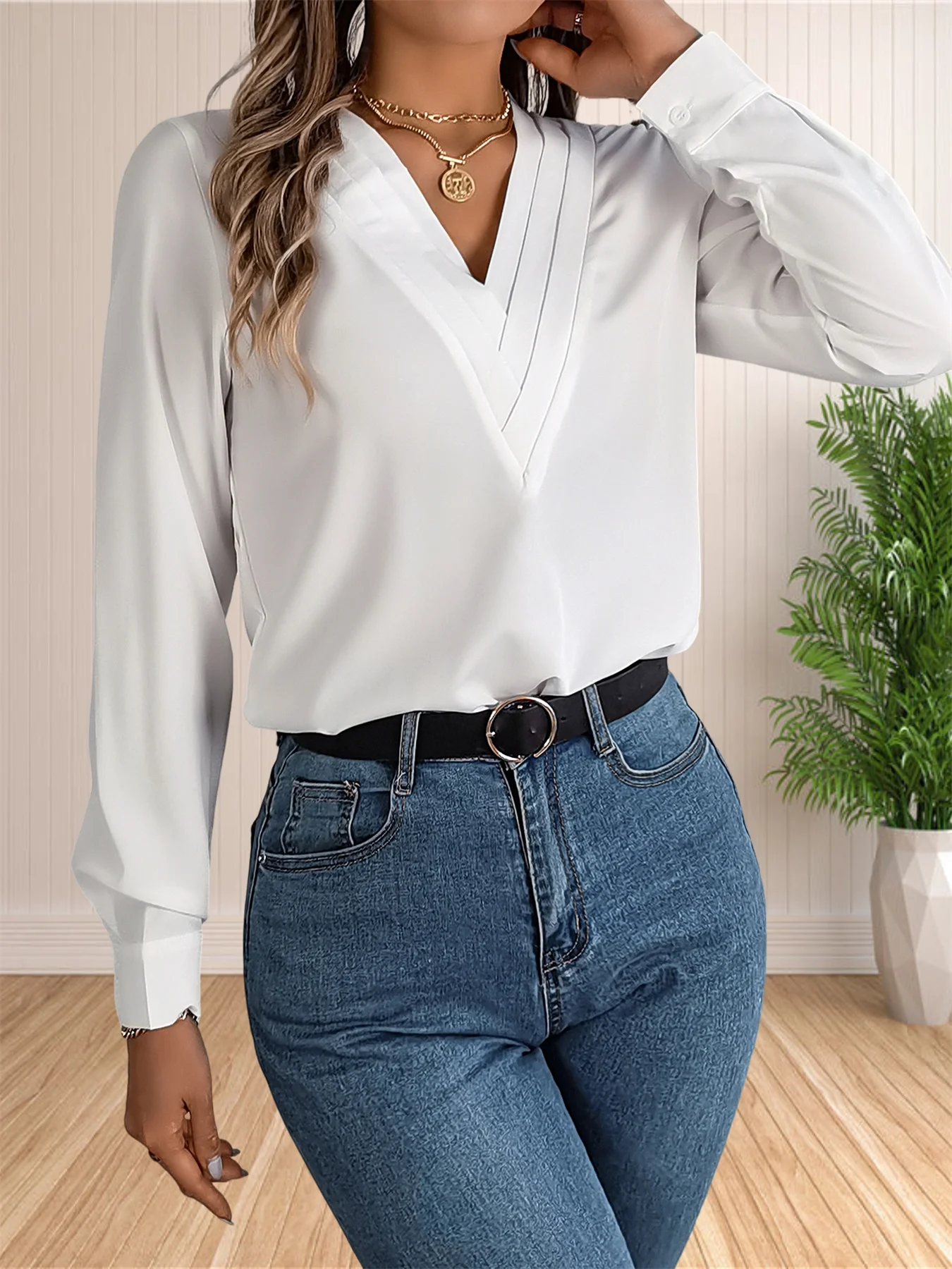 Women’s Elegant Business Office Blouse Layered V Neck Long Sleeve 2024 Dressy Shirts Work Tops Women's Elegant Business Office Blouse Layered V Neck Long Sleeve 2024 Dressy Shirts Work Tops