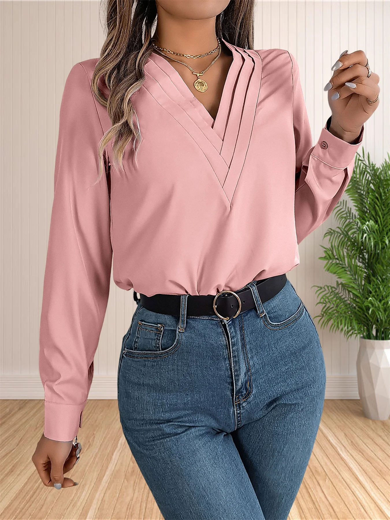 Women’s Elegant Business Office Blouse Layered V Neck Long Sleeve 2024 Dressy Shirts Work Tops Women's Elegant Business Office Blouse Layered V Neck Long Sleeve 2024 Dressy Shirts Work Tops