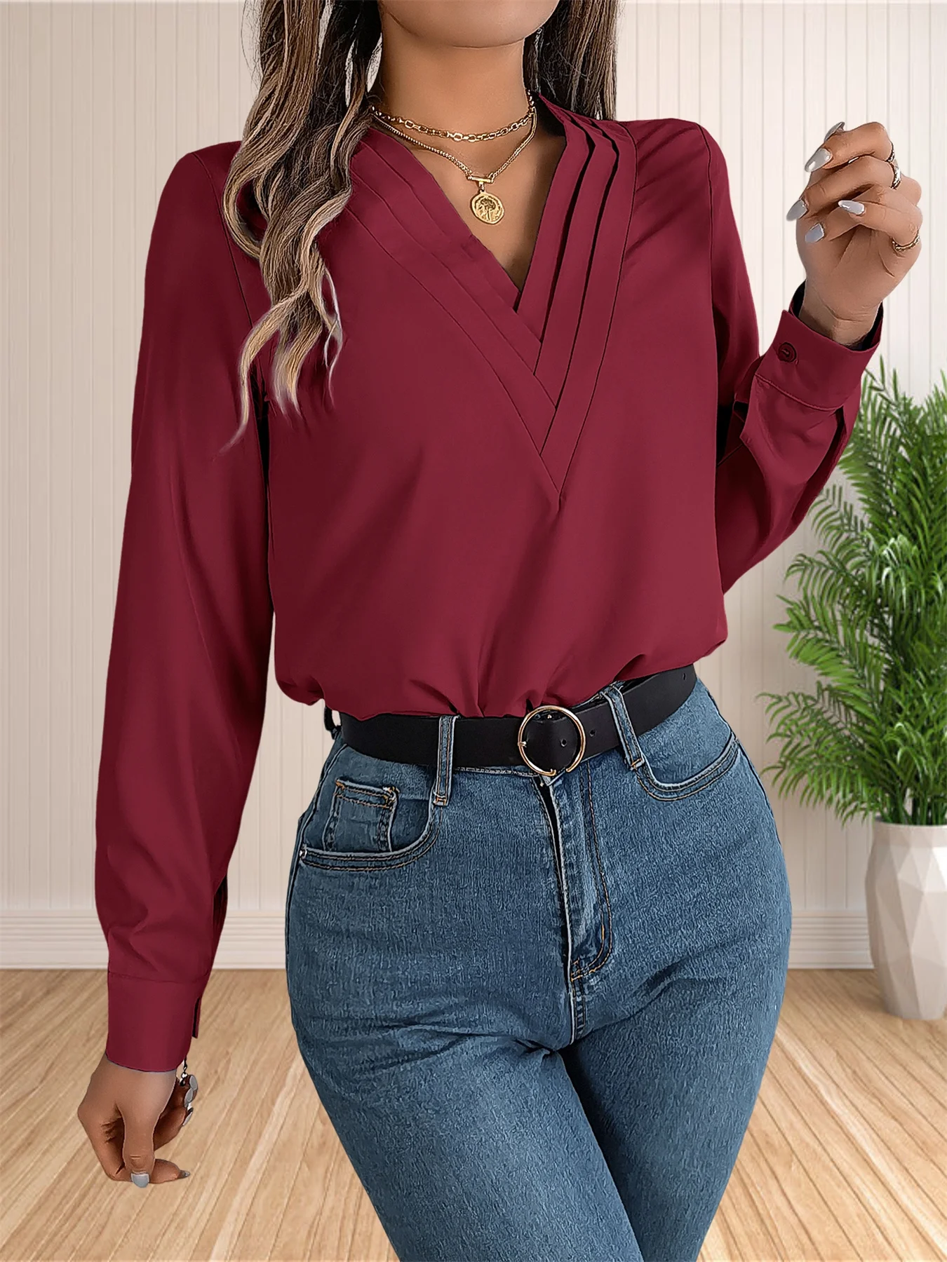Women’s Elegant Business Office Blouse Layered V Neck Long Sleeve 2024 Dressy Shirts Work Tops Women's Elegant Business Office Blouse Layered V Neck Long Sleeve 2024 Dressy Shirts Work Tops