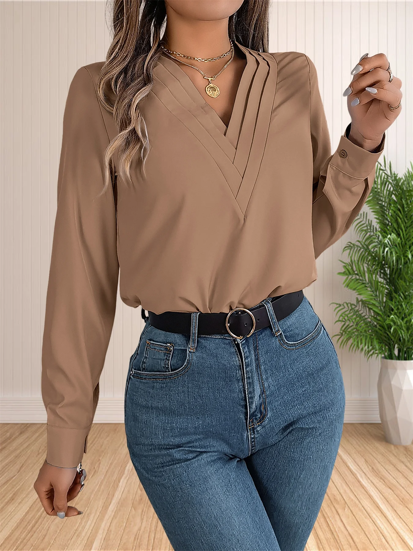 Women’s Elegant Business Office Blouse Layered V Neck Long Sleeve 2024 Dressy Shirts Work Tops Professional women blouse chiffon regular fit work top