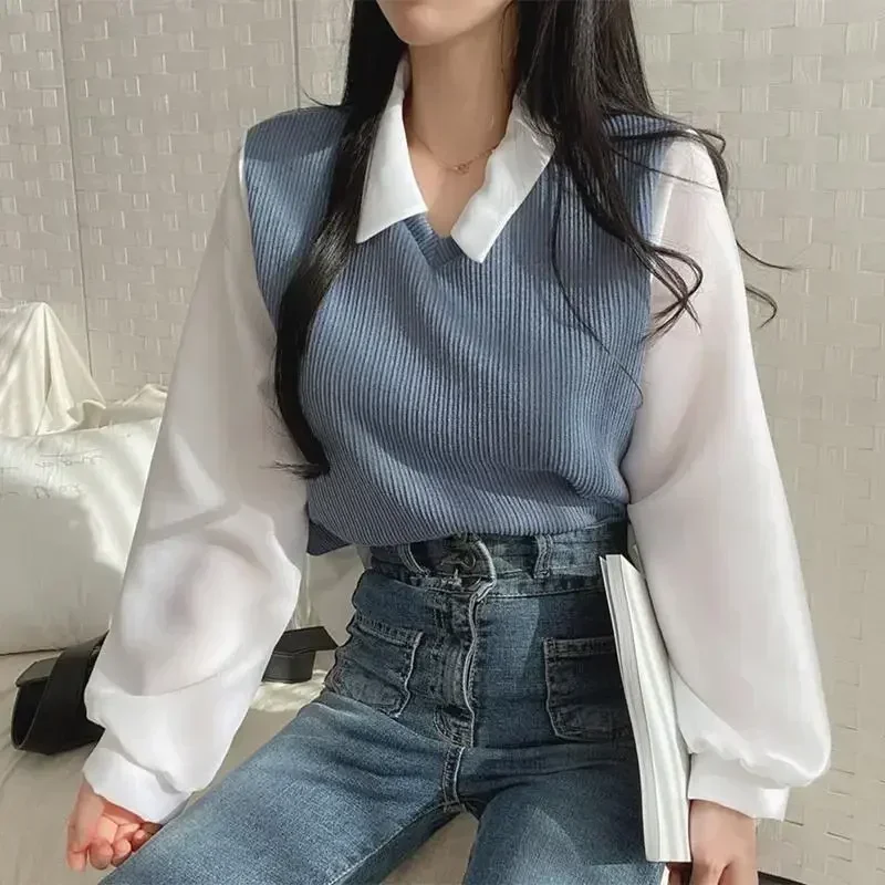 Korean Shirt Y2k Tops False Two-piece Polo Collar Women’s Blouse Spring Casual Streetwear Loose Female Pullovers Elegant Blouses Korean Shirt Y2k Tops False Two-piece Polo Collar Women's Blouse Spring Casual Streetwear Loose Female Pullovers Elegant Blouses