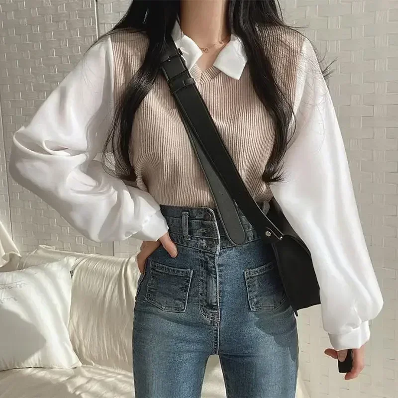 Korean Shirt Y2k Tops False Two-piece Polo Collar Women’s Blouse Spring Casual Streetwear Loose Female Pullovers Elegant Blouses Korean Shirt Y2k Tops False Two-piece Polo Collar Women's Blouse Spring Casual Streetwear Loose Female Pullovers Elegant Blouses