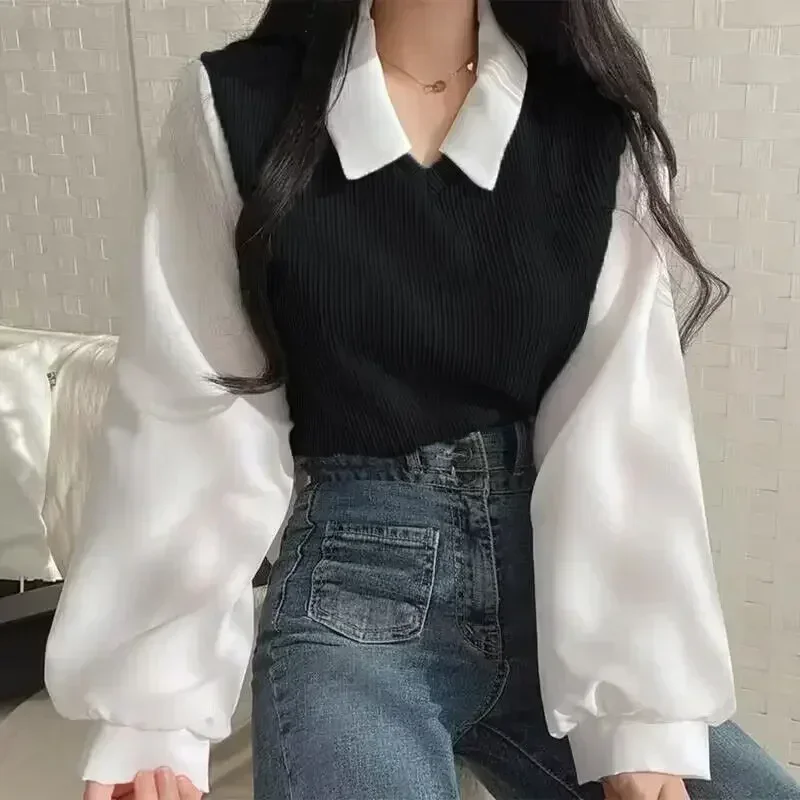 Korean Shirt Y2k Tops False Two-piece Polo Collar Women’s Blouse Spring Casual Streetwear Loose Female Pullovers Elegant Blouses Korean Shirt Y2k Tops False Two-piece Polo Collar Women's Blouse Spring Casual Streetwear Loose Female Pullovers Elegant Blouses