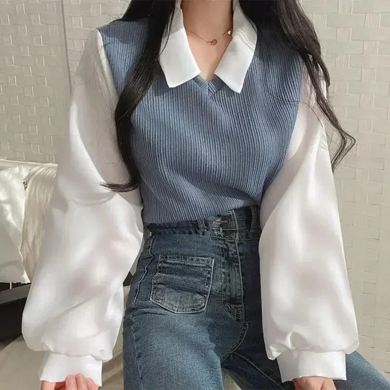 Korean Shirt Y2k Tops False Two-piece Polo Collar Women’s Blouse Spring Casual Streetwear Loose Female Pullovers Elegant Blouses Korean style chiffon blouse women casual spring summer