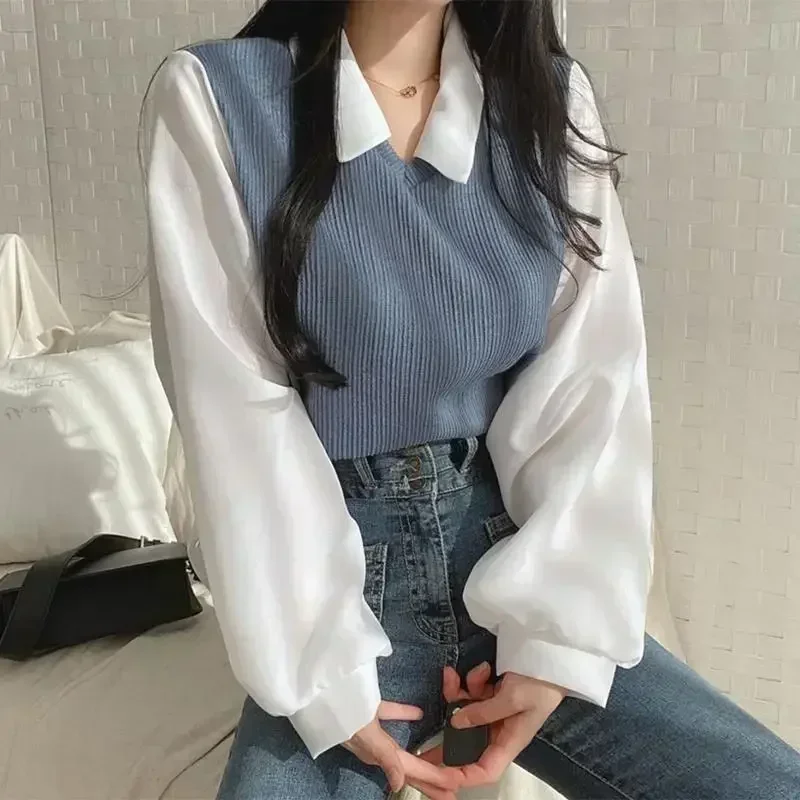 Korean Shirt Y2k Tops False Two-piece Polo Collar Women’s Blouse Spring Casual Streetwear Loose Female Pullovers Elegant Blouses Korean Shirt Y2k Tops False Two-piece Polo Collar Women's Blouse Spring Casual Streetwear Loose Female Pullovers Elegant Blouses
