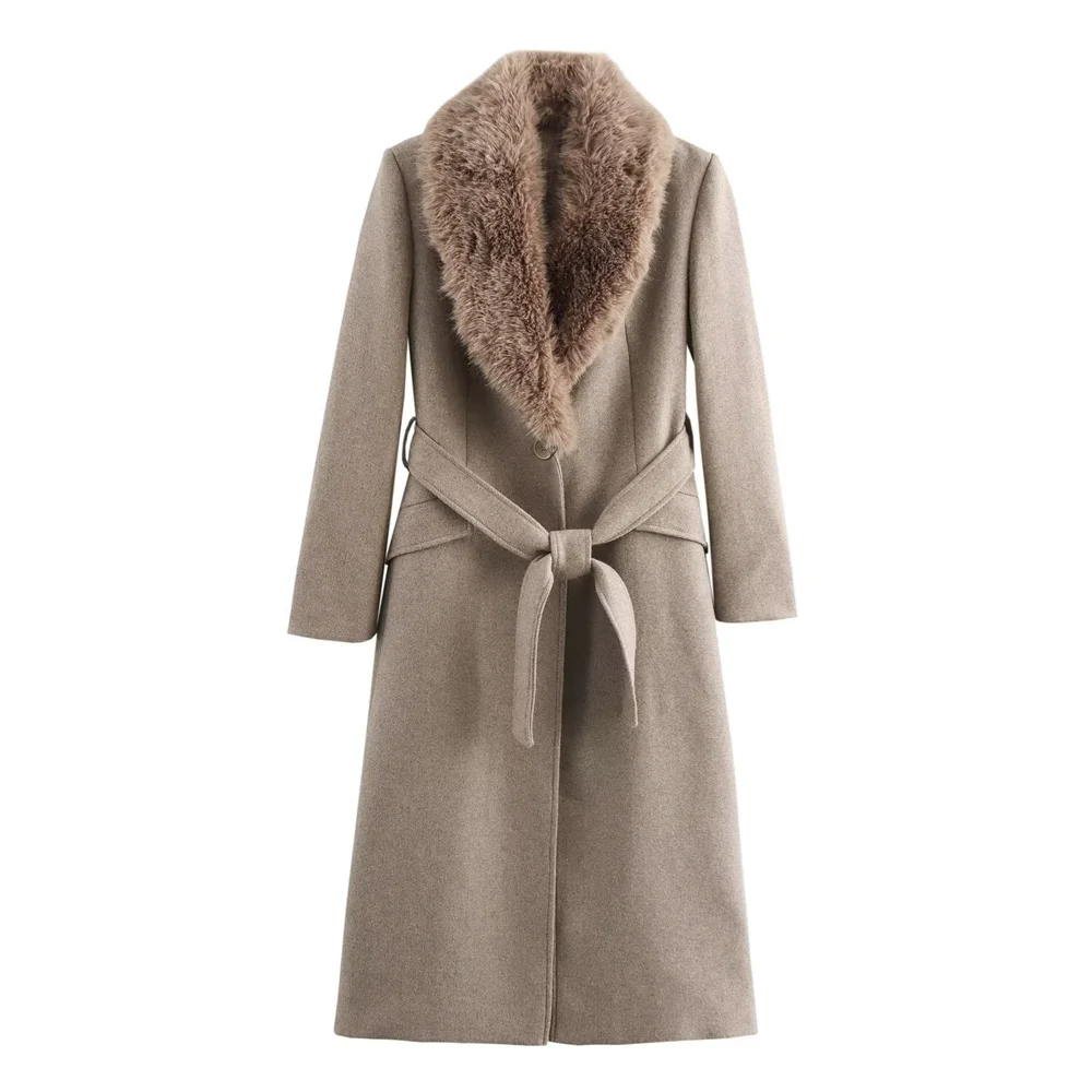 Women’s Belt Warm Fur Collar Coat Flip Collar Pocket Button Decoration Autumn/Winter New Women’s Wear Women's Belt Warm Fur Collar Coat Flip Collar Pocket Button Decoration Autumn/Winter New Women's Wear
