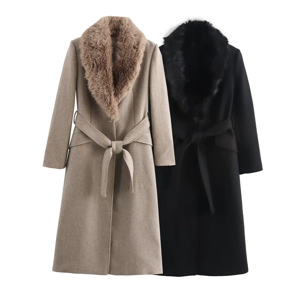 Women’s Belt Warm Fur Collar Coat Flip Collar Pocket Button Decoration Autumn/Winter New Women’s Wear Women warm winter coat with fur collar and pockets