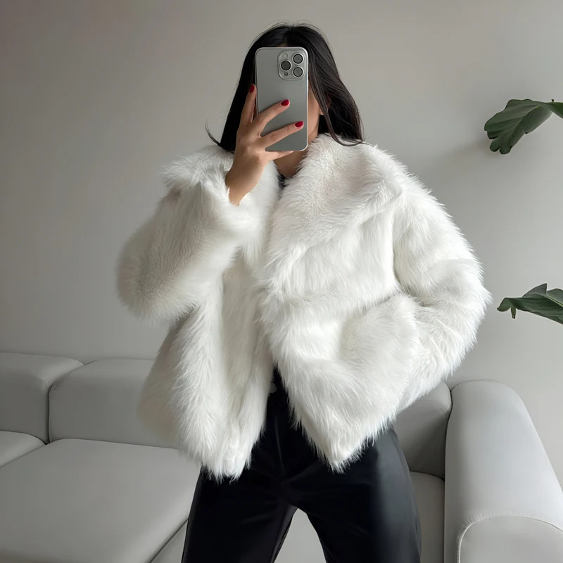 MUJER Faux Fur Coat Plush Fluffy Women’s Jacket 2025 Woman Autumn Winter New in Outerwears White Red Gray Black Blends Coats Plush women’s jacket autumn casual