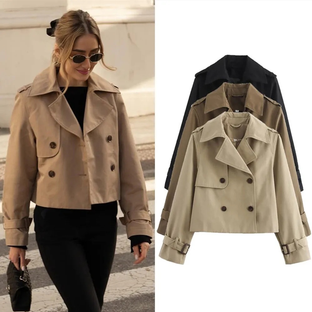Ladies Vintage Cropped Trench Spring Autumn Jacket Women Streetwear Double Breasted Long Sleeve Top Female Chic Coat Outfits Ladies vintage cropped trench jacket streetwear coat