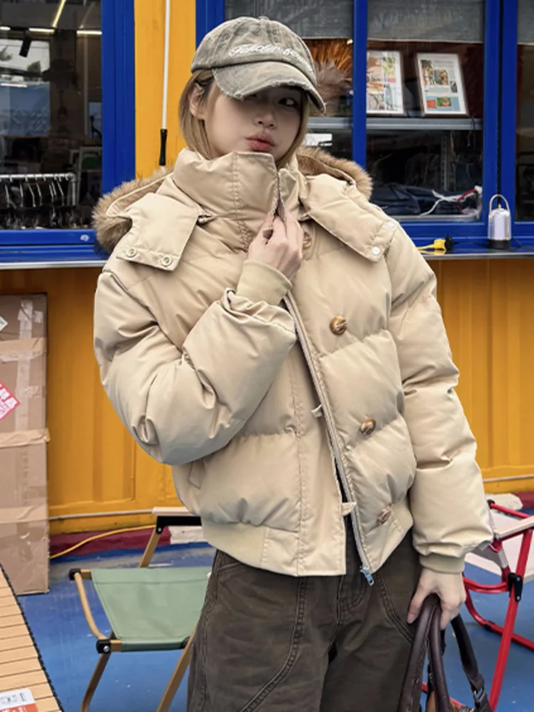 Autumn Winter Fur Hooded Jacket Women Outerwear Thick Dowon Cotton Padded Slim Short Parkas Female Cropped Puffer Bubble Coat Autumn Winter Fur Hooded Jacket Women Outerwear Thick Dowon Cotton Padded Slim Short Parkas Female Cropped Puffer Bubble Coat