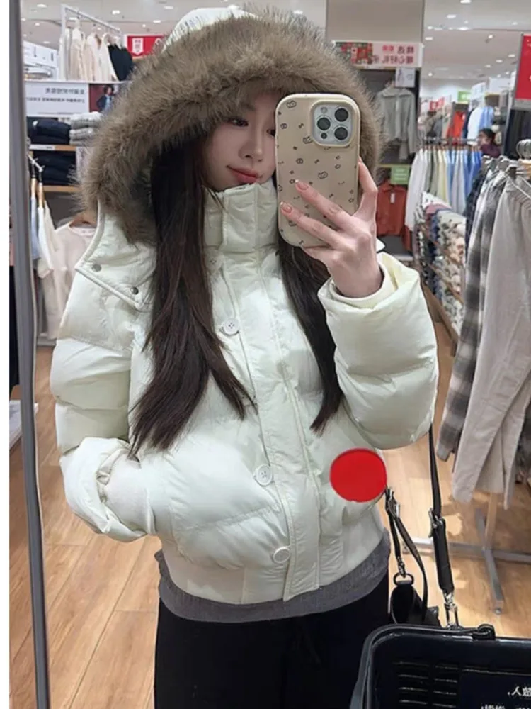 Autumn Winter Fur Hooded Jacket Women Outerwear Thick Dowon Cotton Padded Slim Short Parkas Female Cropped Puffer Bubble Coat Autumn Winter Fur Hooded Jacket Women Outerwear Thick Dowon Cotton Padded Slim Short Parkas Female Cropped Puffer Bubble Coat