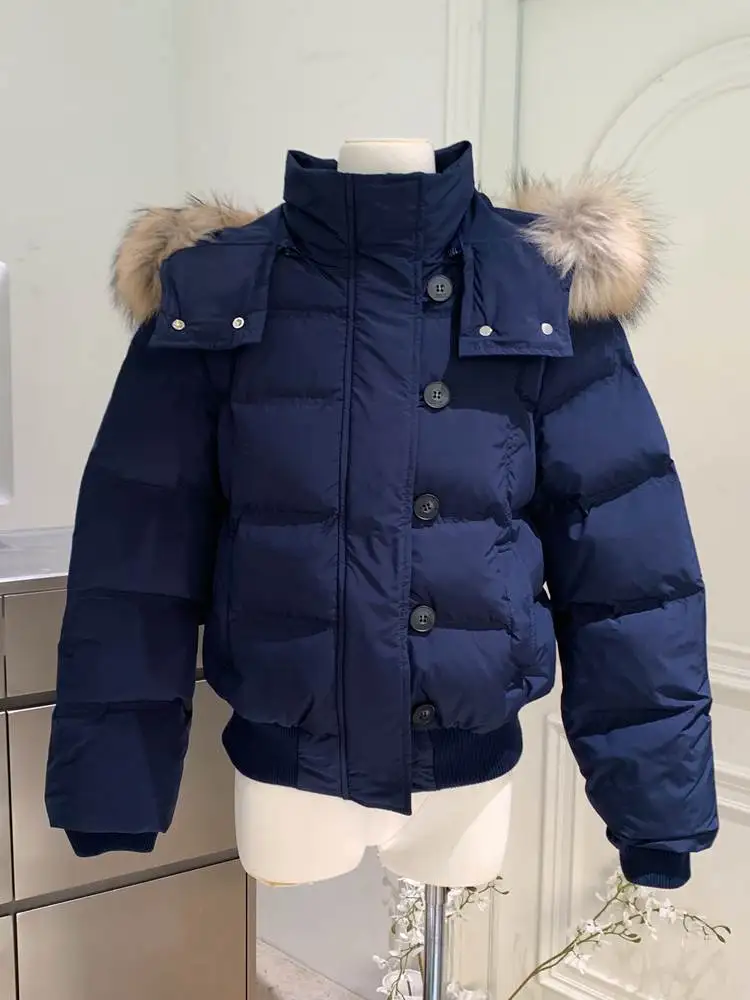 Autumn Winter Fur Hooded Jacket Women Outerwear Thick Dowon Cotton Padded Slim Short Parkas Female Cropped Puffer Bubble Coat Women fur hooded short puffer jacket