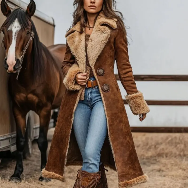 2025 Women Denim Western Coat Retro Sherpa Lined Winter Warm Ranch Style Jacket Plush Collar Casual Cowboy Vintage Outerwear Women denim western coat with sherpa lining