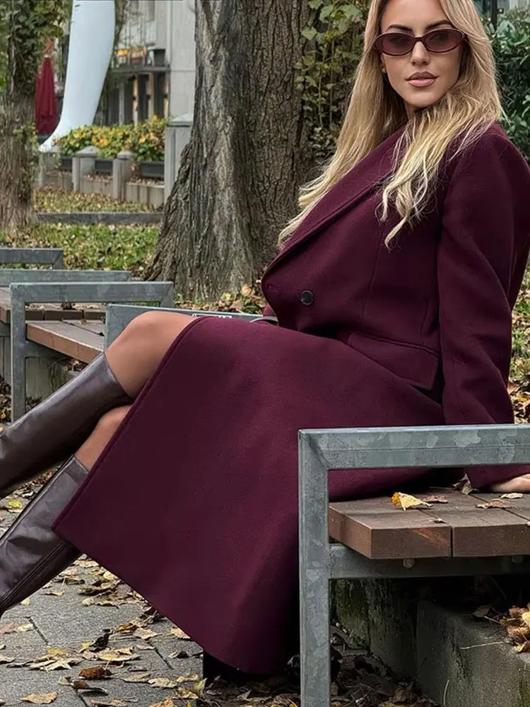 HH Women Fashion Burgundy Coat Double Breasted Long Sleeve Lapel Blends Jacket Autumn Winter High Street Outerwear HH Women Fashion Burgundy Coat Double Breasted Long Sleeve Lapel Blends Jacket Autumn Winter High Street Outerwear