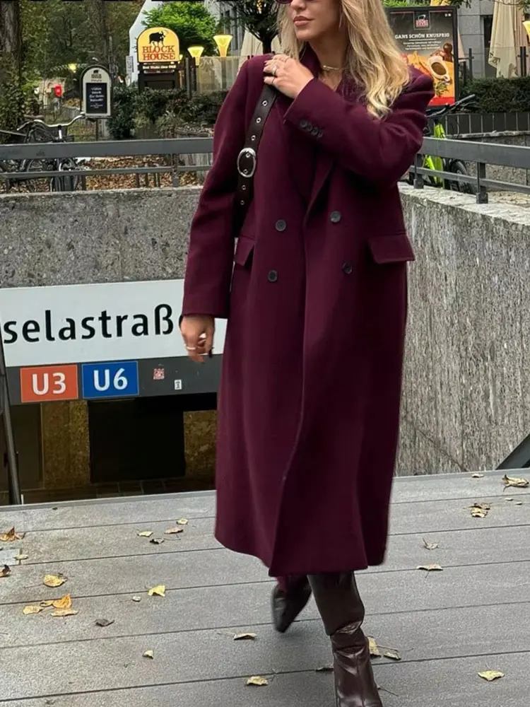 HH Women Fashion Burgundy Coat Double Breasted Long Sleeve Lapel Blends Jacket Autumn Winter High Street Outerwear HH Women Fashion Burgundy Coat Double Breasted Long Sleeve Lapel Blends Jacket Autumn Winter High Street Outerwear