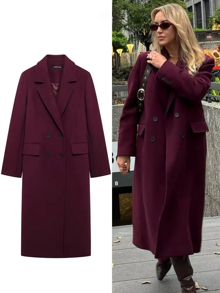 HH Women Fashion Burgundy Coat Double Breasted Long Sleeve Lapel Blends Jacket Autumn Winter High Street Outerwear Loose fit high street winter coat for women