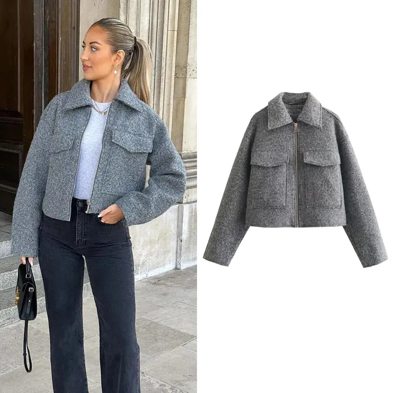 MUJER Tweed Cropped Jackets for Women Autumn Winter Short Coat Jacket Women Zip Crop Demi-season Jacket Woman New in outerwears MUJER short tweed jacket women high street coat