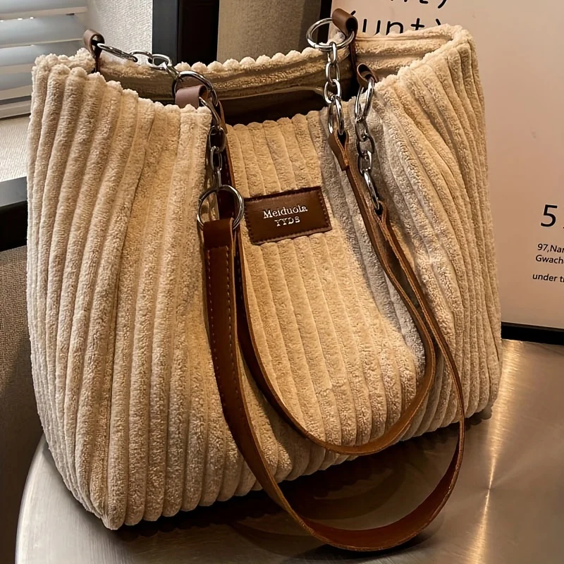 Stylish Corduroy Tote Bag for Women, Large Capacity Plush Shoulder Bag, Versatile Commuter & Travel Bag. Casual corduroy commuter tote bag for women
