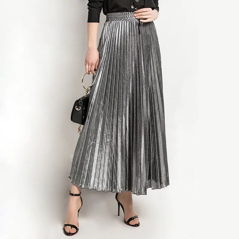 Check Skirt Pleated Maxi Skirt High Waist Harajuku Large Swing Gold Long Skirts For Women XXL Saias Women's High Waist Pleated Maxi Skirt