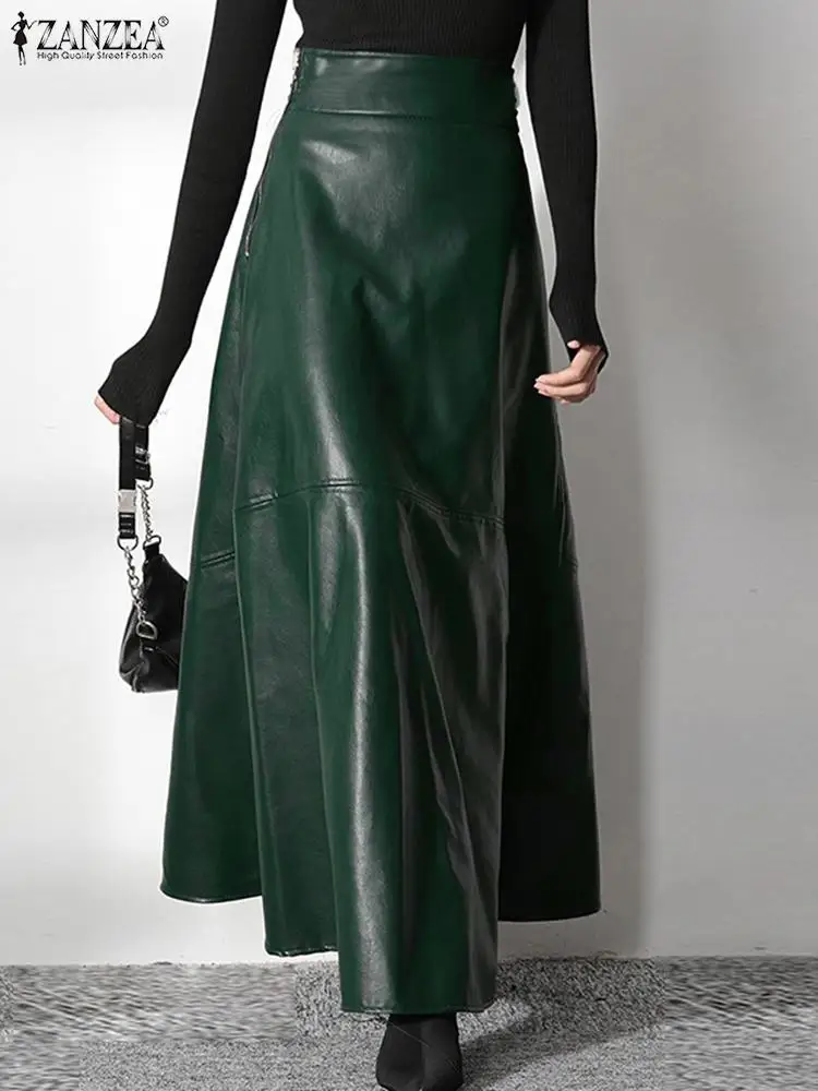 2023 Fashion Solid Mujer Faldas ZANZEA PU Leather Maxi Skirts Women’s Elegant OL Long Saias Casual High Waist Zipper Jupe Femme Green PU Leather Long Skirt Casual