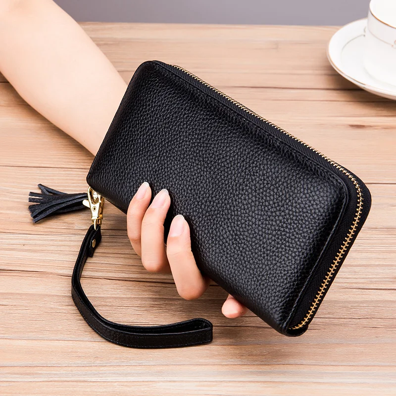 Genuine Leather Women Solid Long Wallets Ladies Tassel Design Clutch Female Phone Money Bag Coin Zipper Purse Rfid Card Holder tassel zipper leather wallet
