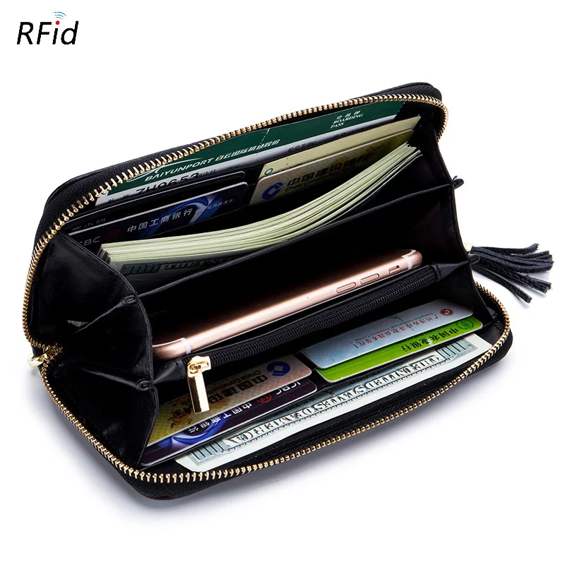 Genuine Leather Women Solid Long Wallets Ladies Tassel Design Clutch Female Phone Money Bag Coin Zipper Purse Rfid Card Holder Genuine Leather Women Solid Long Wallets Ladies Tassel Design Clutch Female Phone Money Bag Coin Zipper Purse Rfid Card Holder