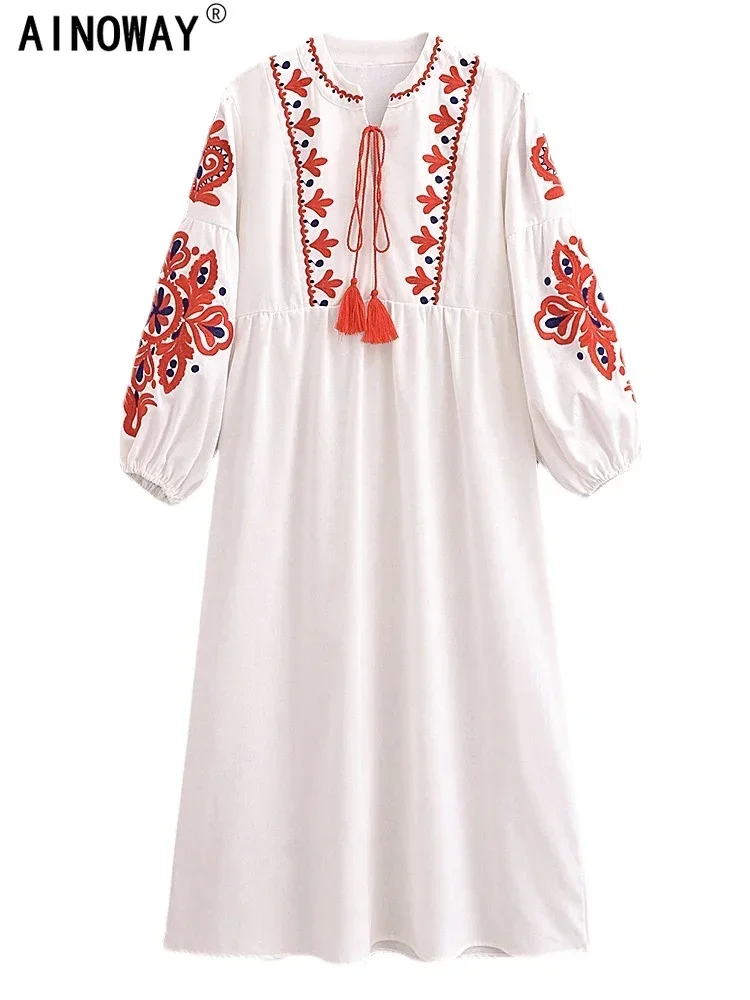 Vintage Chic Women Floral Emberoidery O-neck Lantern Sleeve Beach Bohemian Maxi Dresses Ladies Summer Boho Dress Vestidos Vintage Chic Women Floral Emberoidery O-neck Lantern Sleeve Beach Bohemian Maxi Dresses Ladies Summer Boho Dress Vestidos