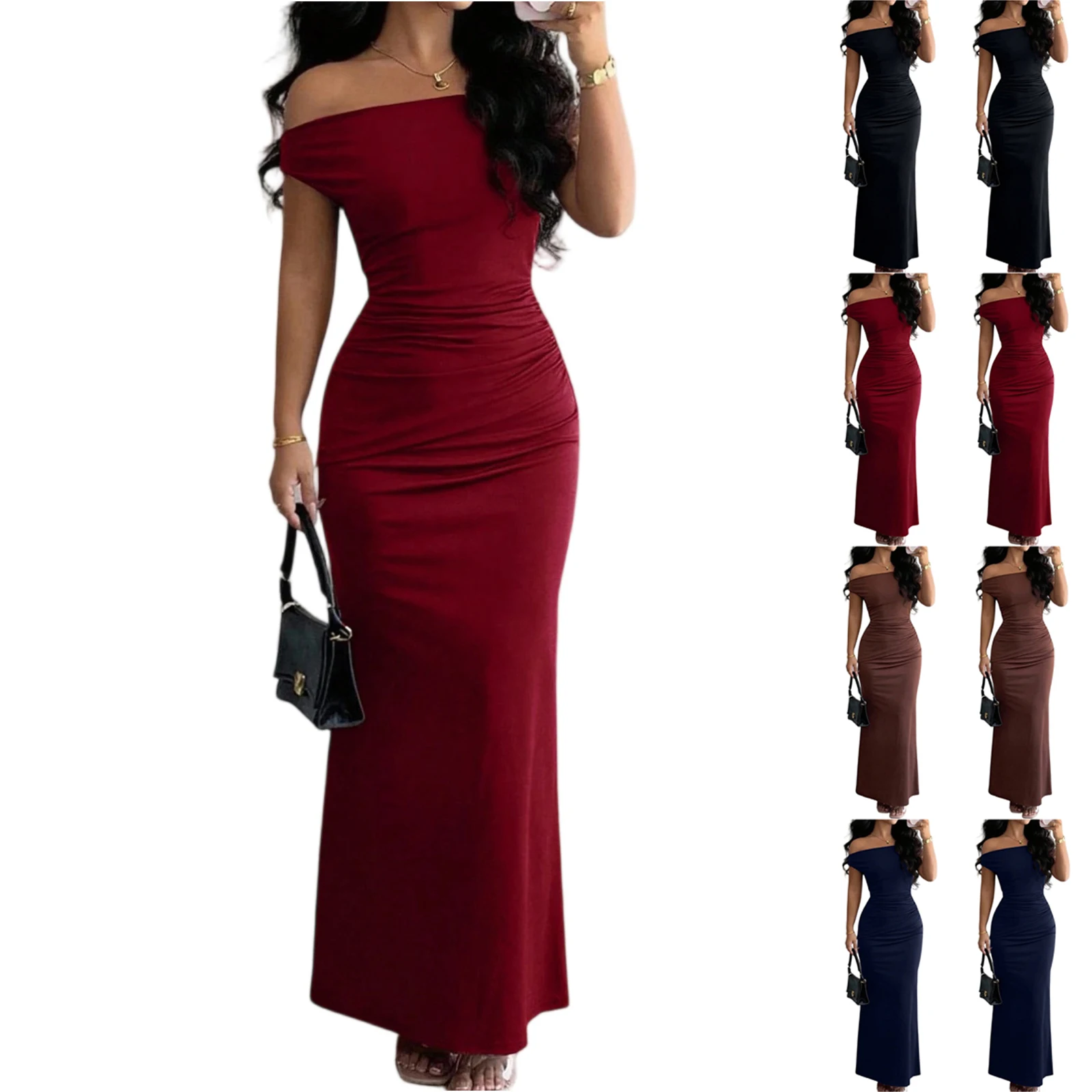 Women Off Shoulder Solid Dress Elegant Maxi Dress Evening Gown Formal Party Dress Slim Fit Long Dress Ladies Chic Formal Wear Women Off Shoulder Solid Dress Elegant Maxi Dress Evening Gown Formal Party Dress Slim Fit Long Dress Ladies Chic Formal Wear