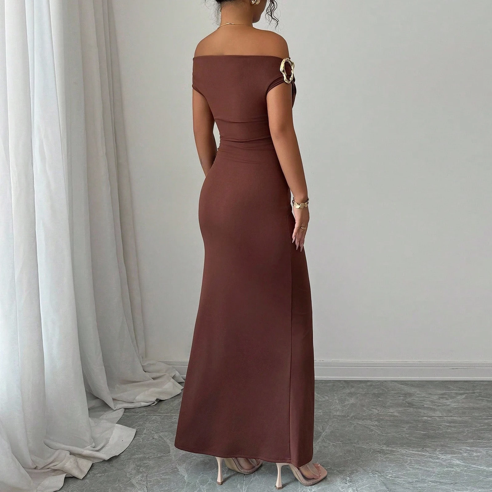 Women Off Shoulder Solid Dress Elegant Maxi Dress Evening Gown Formal Party Dress Slim Fit Long Dress Ladies Chic Formal Wear Women Off Shoulder Solid Dress Elegant Maxi Dress Evening Gown Formal Party Dress Slim Fit Long Dress Ladies Chic Formal Wear
