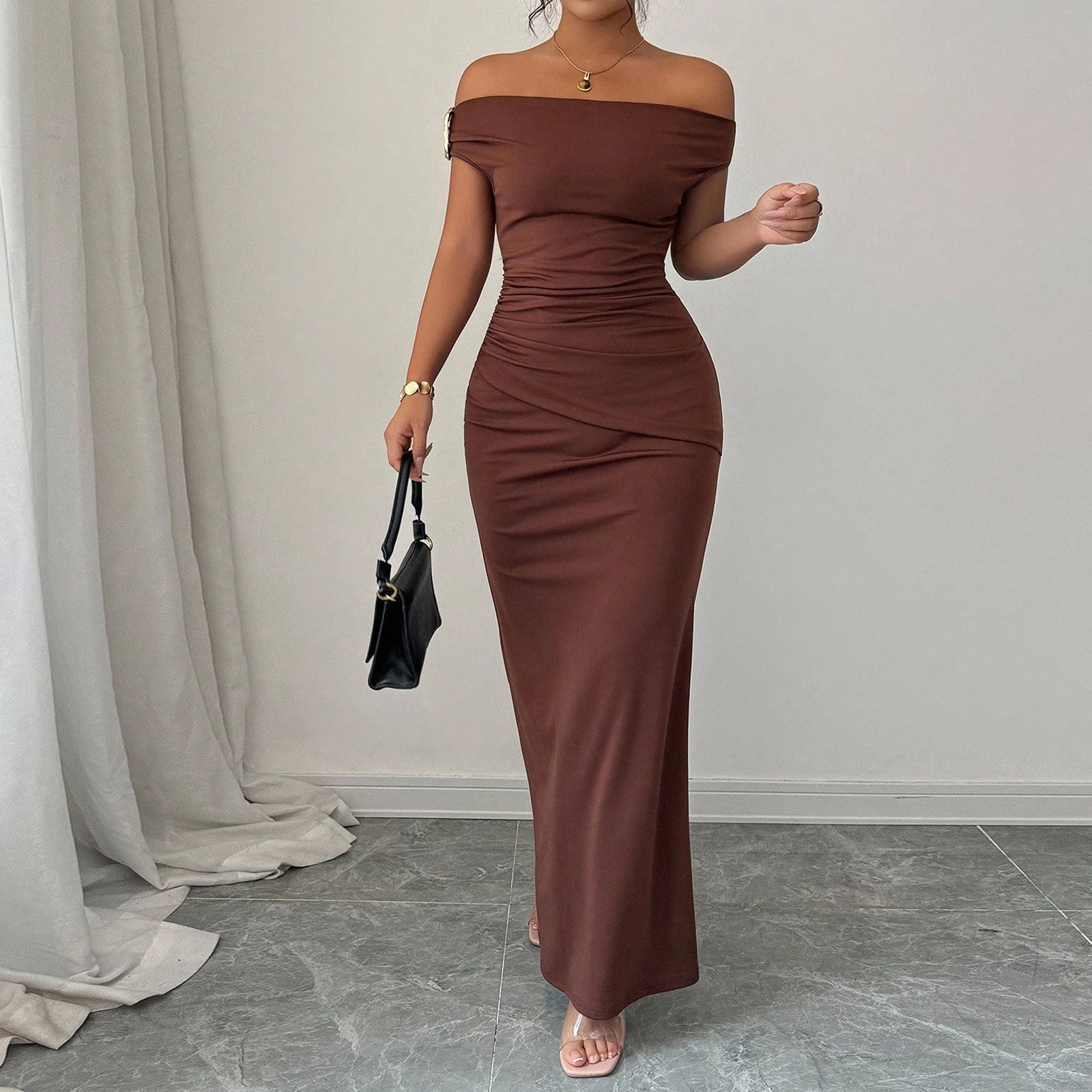 Women Off Shoulder Solid Dress Elegant Maxi Dress Evening Gown Formal Party Dress Slim Fit Long Dress Ladies Chic Formal Wear Women Off Shoulder Solid Dress Elegant Maxi Dress Evening Gown Formal Party Dress Slim Fit Long Dress Ladies Chic Formal Wear